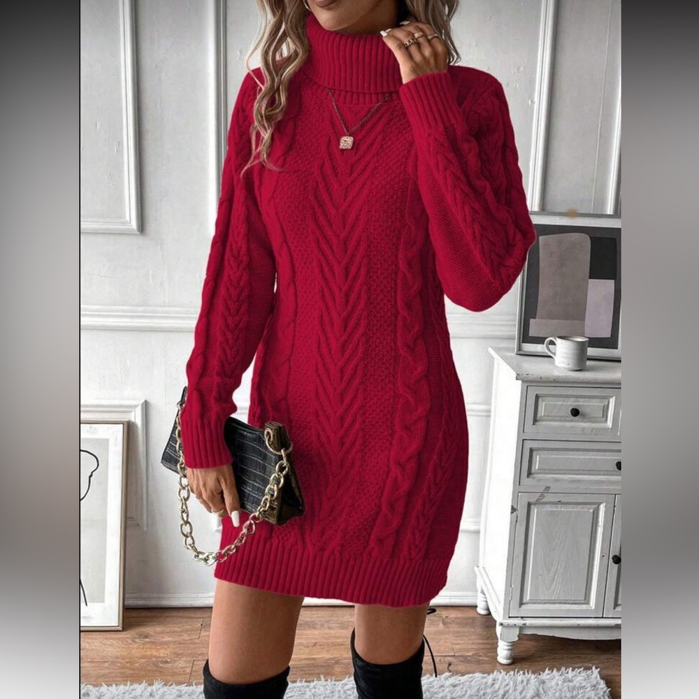 SHEIN Red Cable Knit Long Sleeve Dress